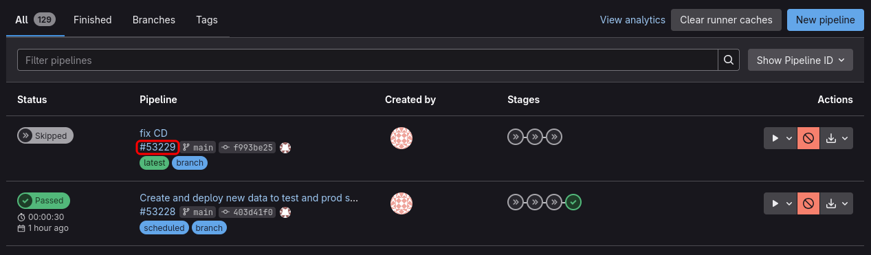 GitLab pipelines list